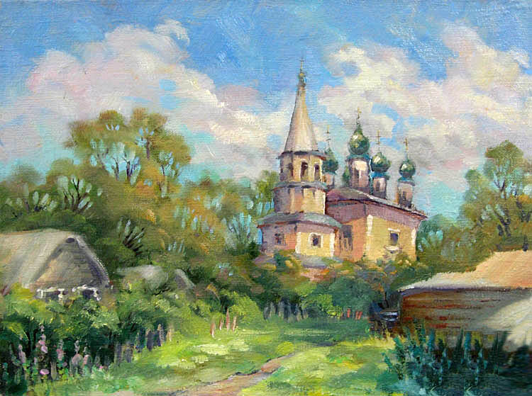 Пейзаж с церковью рисунок